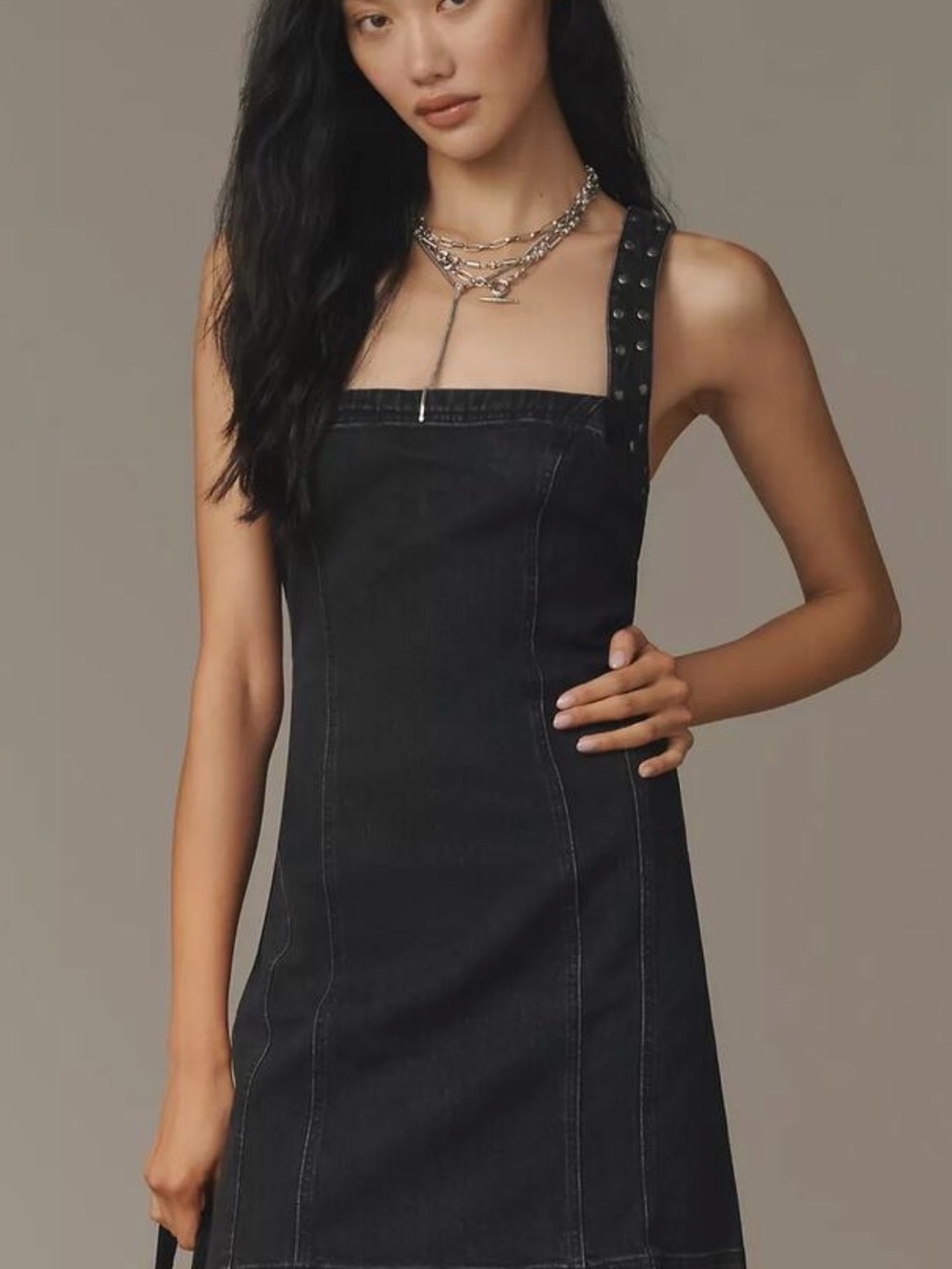 Pilcro Black Stud-Shoulder Denim Dress - Women Jeans